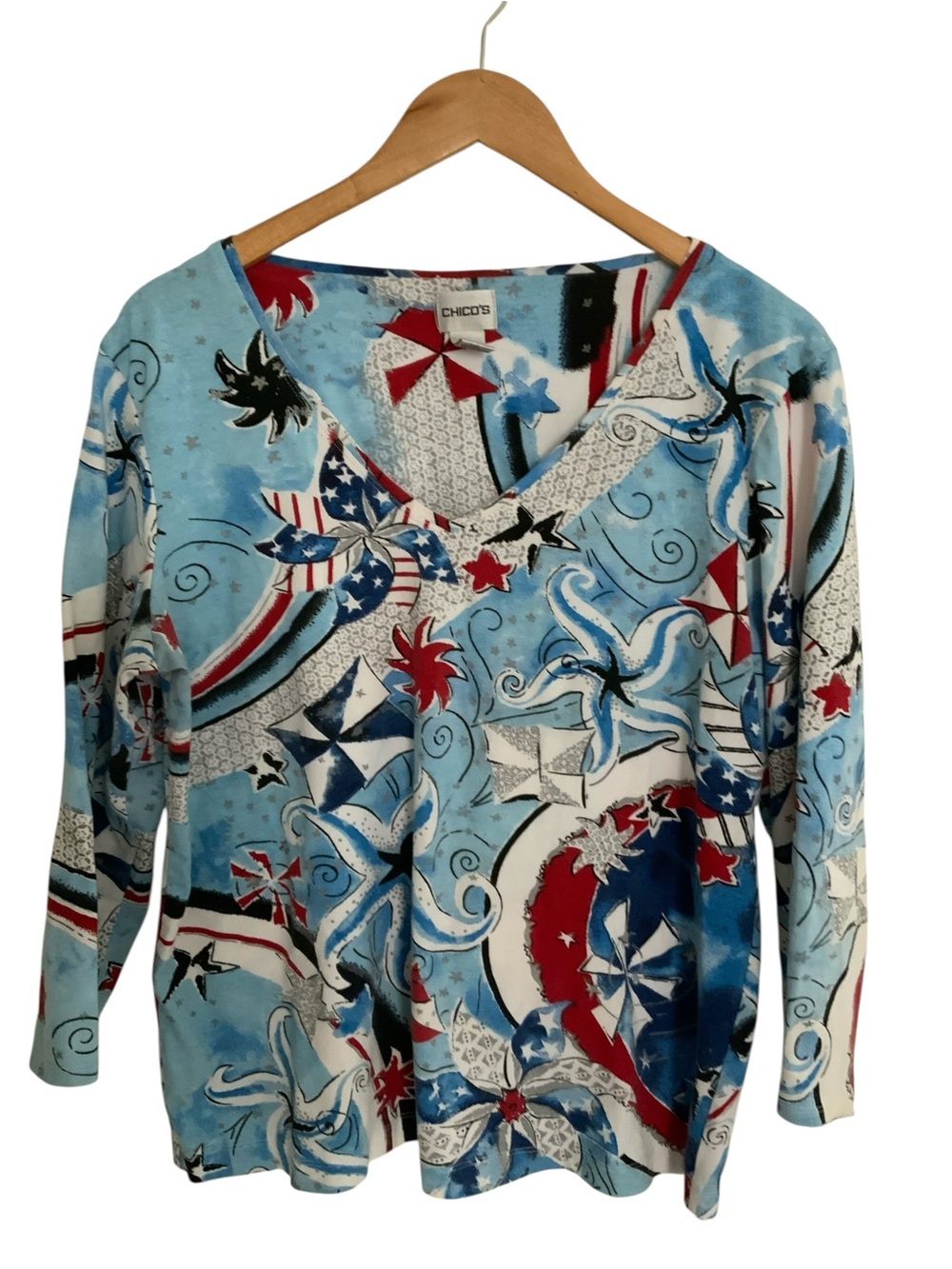 Chico’s Women's 3/4 Sleeve USA Patriotic Print V-Neck Tee Top Sz 3 XL